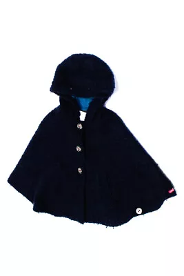 Catimini Girls Textured Buttoned-Up Hooded Draped Poncho Jacket Navy Size 6 • $48.79