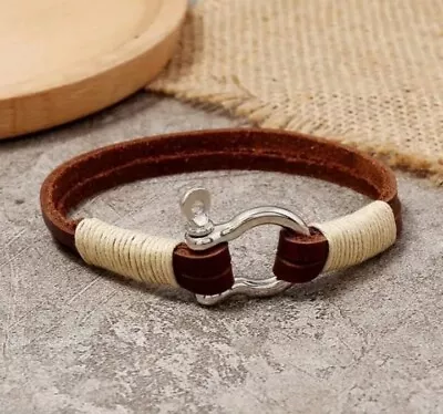 Mens Beaded Bracelet Leather Surfer Leather Wristband Horseshoe Buckle Rope Wrap • £5.98