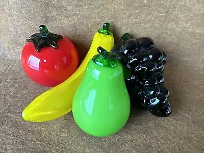 Four Vintage Murano Style Hand Blown Glass Fruit - Grapes Banana Pear Tomato • $30