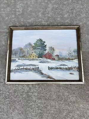 Vtg  Original Painting Snowy Red Barn On Canvas Board Framed Wall Art Decor • $40