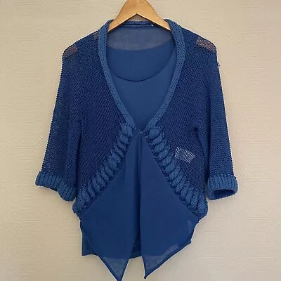 CREA CONCEPT Blue Linen Blend Open Knit Lagenlook Cardigan / Vest Set -38 • £48