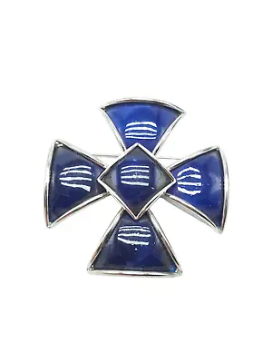 Blue Enamel Maltese Cross Large Brooch Pin Silver Tone Vintage 2.5 Inches • $19.99