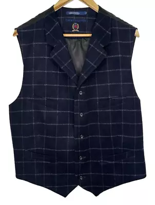 Tommy Hilfiger Men's Waistcoat Vest Navy Blue Wool Plaid 5-Button Size Large • $34.99