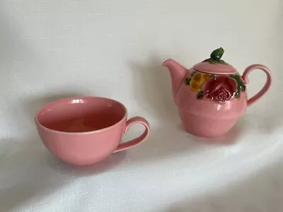 Royal Albert Country Rose TEA FOR ONE Majolica Pink Teapot & Cup Set • $35