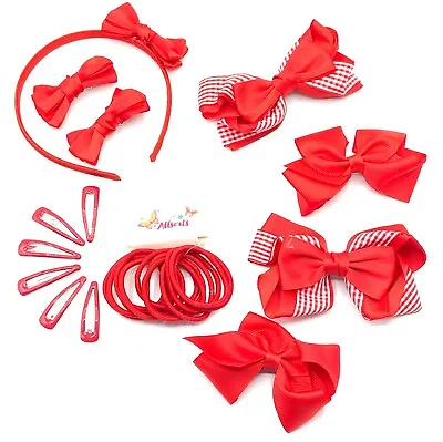 25 Piece Girls Red School Hair Accessories Bows Bobbles Clips Hair Set • £6.99