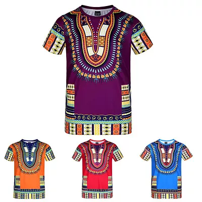 Men African T-Shirt Ethnic Tops Traditional Tee Short Sleeve Dashiki Shirt • £16.82