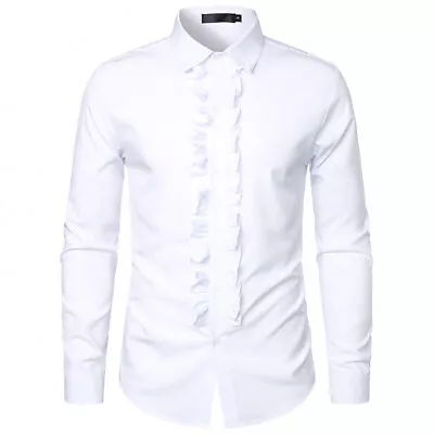 Mens Gents Cotton Wing Collar White Ruffled Front Slim Shirt Party Formal Blouse • $26.16