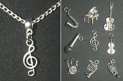 Silver Music Pendant 16  Silver Chain Necklace : Guitar Drums Horn Sax G Clef  • $7.59