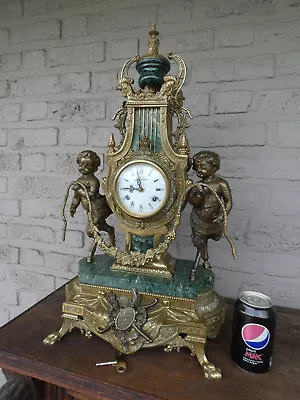 Italian Green Marble Bronze Faun Putti Figural Mantel Clock 1970 • $980