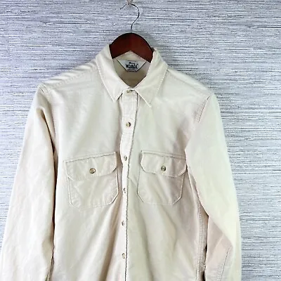 VINTAGE Woolrich Shirt Mens Medium Tan Button Up Cotton Twill Flannel Chamois • $28.88