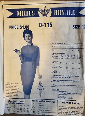 Very RARE Vintage 1950's MODES ROYALE Pattern No. D-115 For Dress UNUSED • $29.99