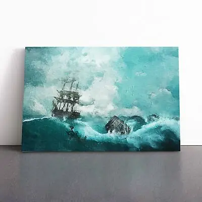 Pirate Ship Sailing Upon A Stormy Sea Seascape Canvas Wall Art Print Framed • £24.95