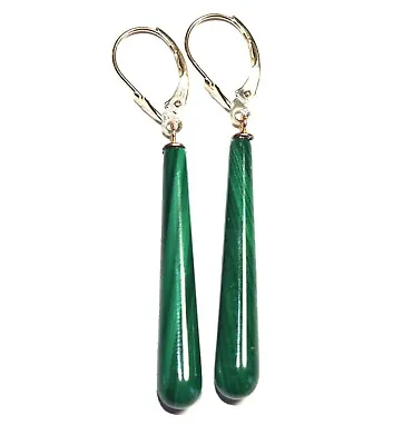 Vintage Gorgeous Genuine Elongated 14K Malachite Teardrop Lever Back Earrings • $245