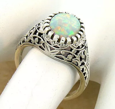 Victorian Antique Style 925 Solid Sterling Silver Lab Opal Filigree Ring    #629 • $18.99