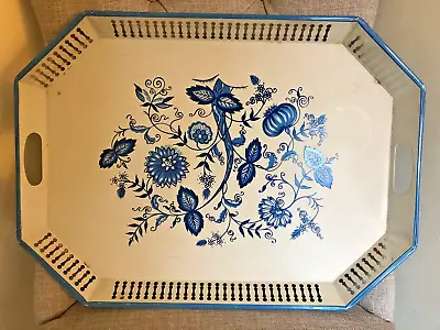 Rare Vintage Blue & White Floral Hand Painted Garden Party Metal Toleware Tray • $49.99