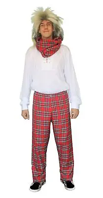 Mens Rock Stewart Red Tartan Trousers & Wig Rock & Roll Fancy Dress Outfit • £26.95