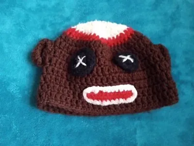 £4.08 • Buy Hand Crocheted Sock Monkey Winter Hat Red Brown White And Black 