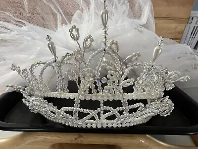 1989 Vintage Wedding Bridal Crystal Pearl Tiered Tiara  Headpiece Veil Crown • $30