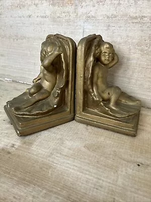 Vintage CHERUB HEAVY DECORATIVE BOOKENDS  DISTRESSED Gold • $19.99