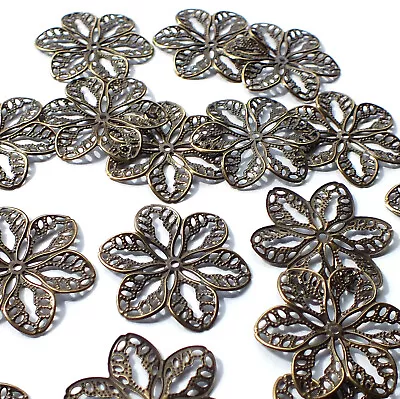 20 X Filigree Flower Charms Embellishments Shape Bronze Tone Metal Craft 32mm • £2.29