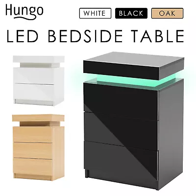 LaBella Bedside Tables 2/3 Drawers RGB LED Bedroom Cabinet Nightstand Gloss • $109