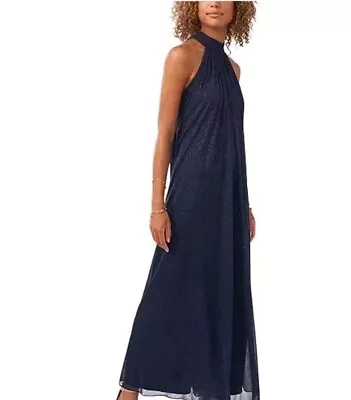 MSK Macy's Sparkling Navy Metallic Sleeveless Halter  Floaty Chiffon Jumpsuit M • $16.79