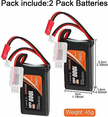 2x 7.4V 2S 1000mAh Lipo Battery 35C With PH2.0 & JST Plug A Xial SCX24 Batteries • £17.99