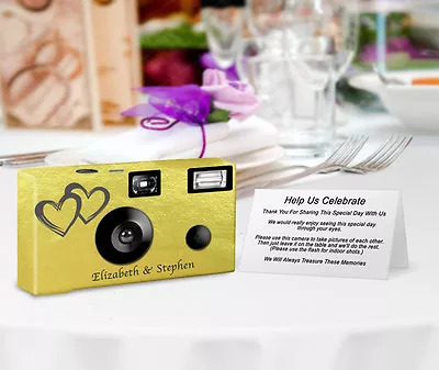 5 Gold Foil Coupled Heart Wedding Cameras Disposable  (F50145) • $83.45