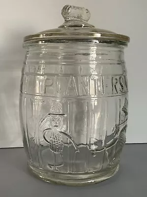 Vintage Planters Peanuts Running Mr. Peanut Glass Barrel Store Display Jar W Lid • $75