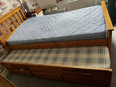 Captains Waxed Pine Wooden Guest Bed Frame & 2 Mattresses - 3ft Single 3 Drawers • £95