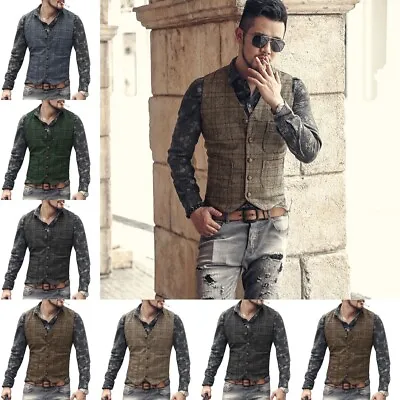 Mens Vintage Tweed Vest Cowboy Formal Business Waistcoat Workwear Large XL XXL • $25.19