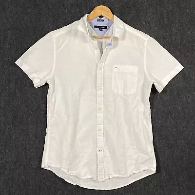 Tommy Hilfiger Mens Large Short Sleeve Button Up Shirt White Cotton Linen Pocket • $21.19