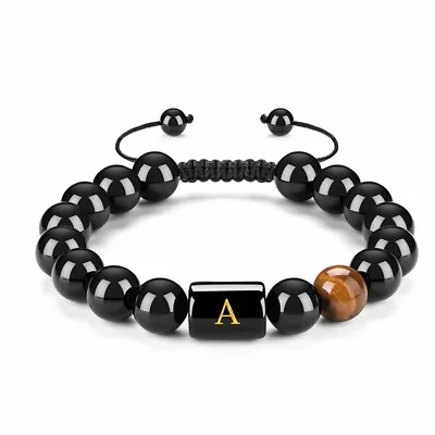 Natural 10MM Black Agate Tiger's Eye Alphabet Letter Initial Adjustable Bracelet • £4.99