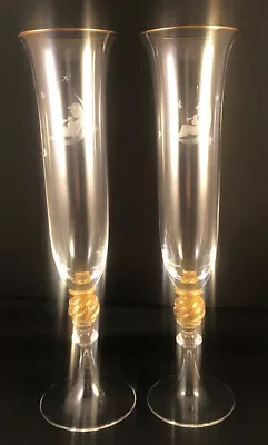 Pair Murano Salviati Moretti Gold Swirl Champagne Flutes Etched Putti Moon Stars • $25