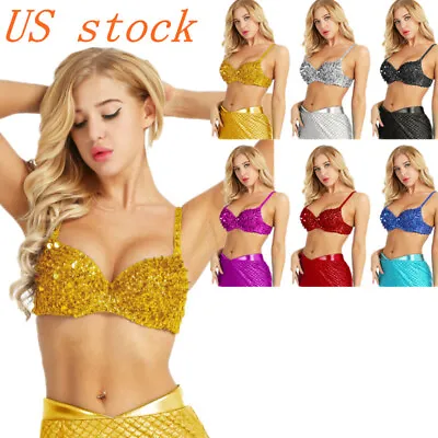 US Women's Sequins Bra Mermaid Cosplay Costume Belley Dance Crop Tops Clubwear • $5.71