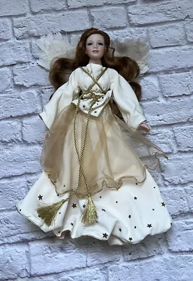 Vintage Porcelain Angel Doll With Feather Wings Gold Star Dress • $64.99