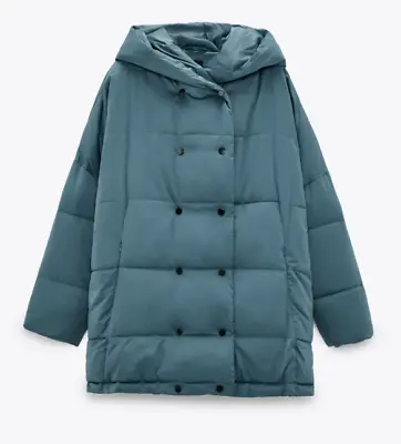 $99 • Buy Zara Hooded Puffer Coat Jacket Blue 