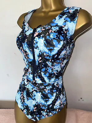 Sexy Ladies M&s Blue/khaki Camo Padded Tummy Control Zip Up Swimsuit Size 20 • £3.99