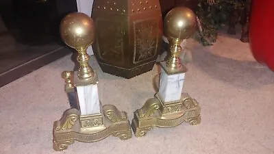 Vintage Mid Century Marble Brass Fireplace Andirons Pair  Hollywood Regency 19  • $224.99