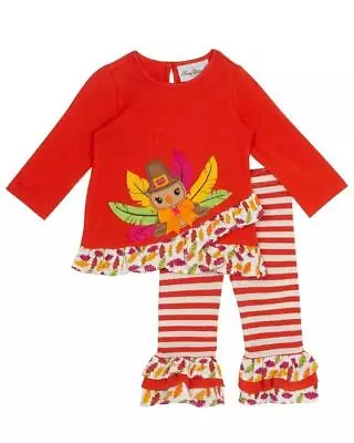 RARE EDITIONS Baby Girl 6-9M 24M Thanksgiving Ruffle Turkey Striped Set NWT $58 • $22.99