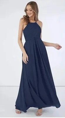 Azazie Bridesmaid Dress A-Line Pleated Chiffon Floor Length Dark Navy Size A10 • £12.06