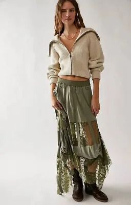 Free People She Is Love Maxi Skirt Sheer Lace Paneling D Ring Straps Olive S NEW • $148.50