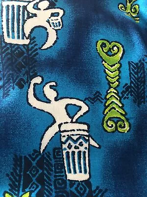 VTG Barkcloth Fabric Conga Drum Native Spear 3+ Yard Hawaiian 1950s 60s Tiki Blu • $279.95