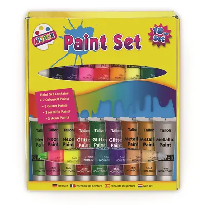 18 Tube Paint Set 36ml Glitter Neon Metallic Non-Toxic For Children Art Craft • £8.75
