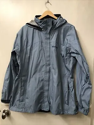 Marmot Jacket Womens Slate Blue Shell Rain Coat Hooded Pockets Hiking Size XL • $38.95