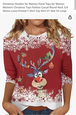 Women XL Christmas Colorful Moose Shirt Top Casual Round Neck 3/4Sleeve Loose • $10