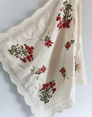 Vintage  Hand Embroidered Red Floral Table Cloth Crochet Lace Edge. 32 X32  • £16