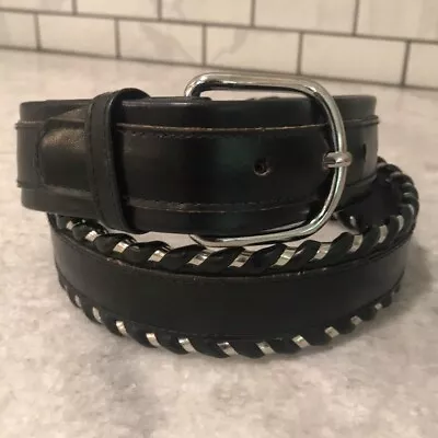 Western Black Braided Leather Belt Mens 32/34 Silver Buckle Rodeo Cowboy Vintage • $16.99