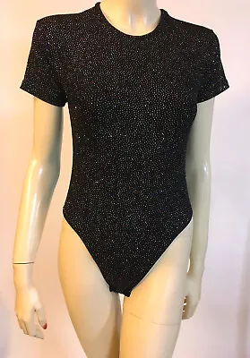 1980s Vintage Carabella Black Sparkle Exercise Leotard Dance Bodysuit Top S • $30.76