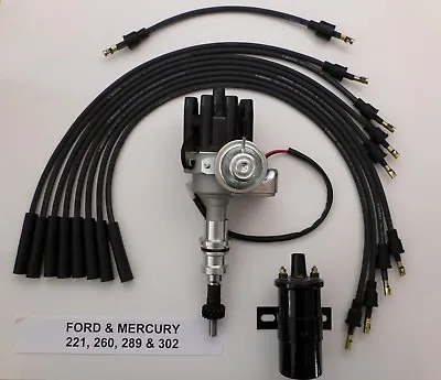 FORD 302 289 260 BLACK Small Female HEI Distributor + 45k Coil + Plug Wires USA • $152.85